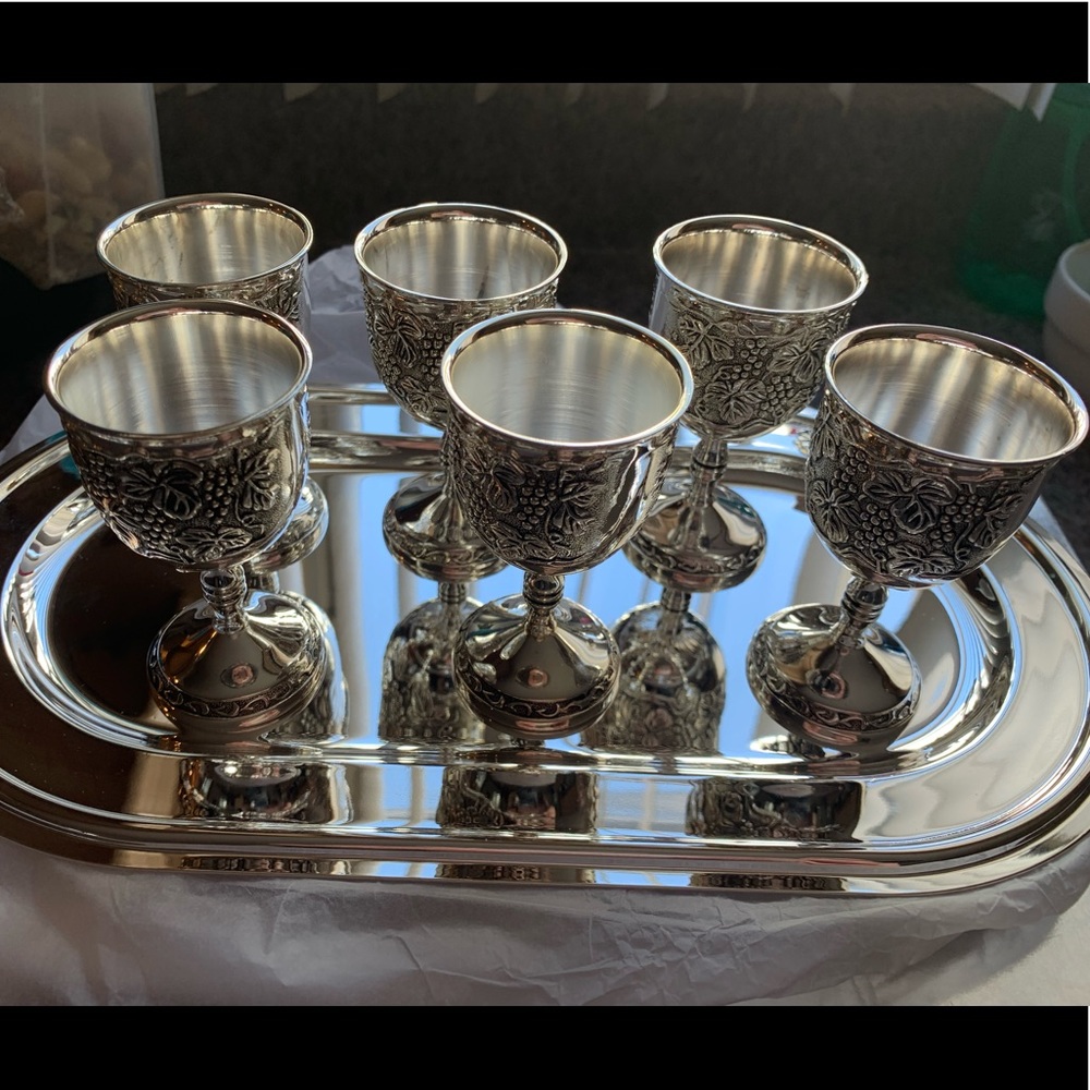 Vintage Silver plated Zinc 6 liqueur / goblet glasses with Tray